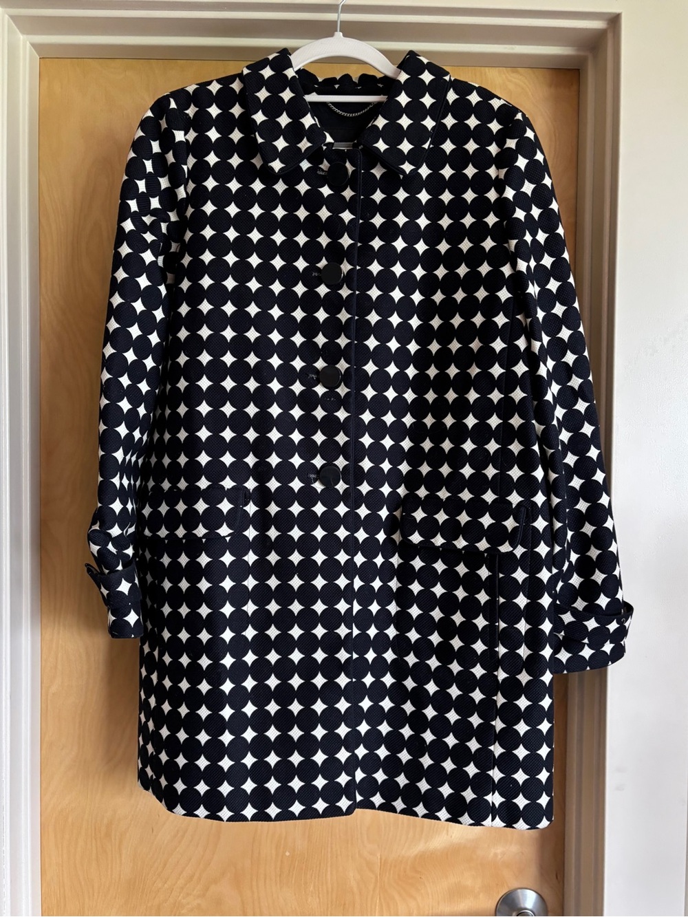 Talbots Car Coat 10 Black White Polka Dot Textured Collared Topper